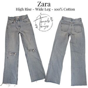 ZARA Wide Leg Jeans Womens 6 100% Cotton Distressed Denim 90's Grunge y2k Preppy